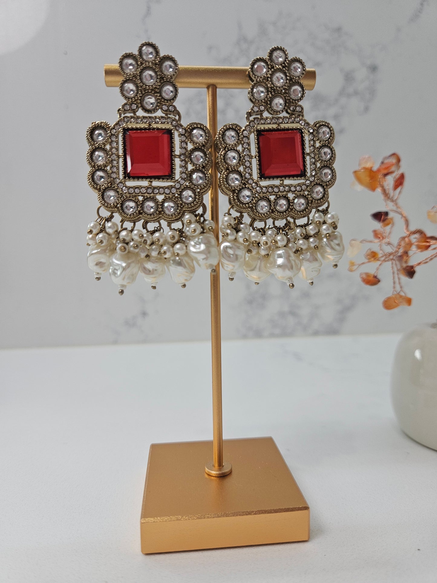 Square Red Kundan Earrings
