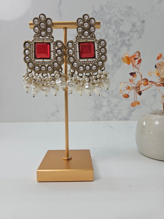 Square Red Kundan Earrings