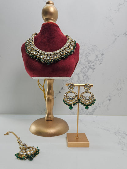 Premium Kundan Necklace Set with Green Gemstones