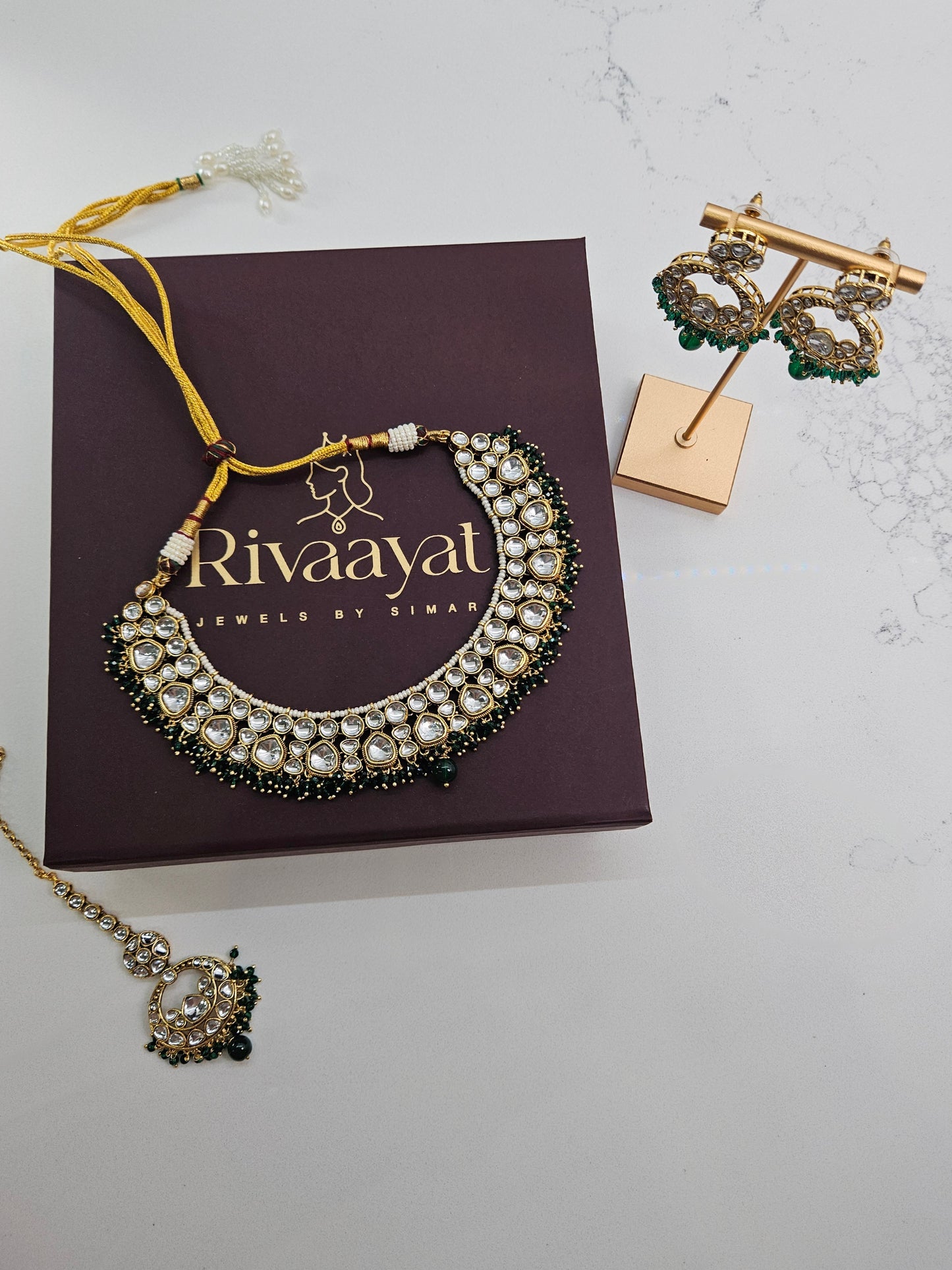 Premium Kundan Necklace Set with Green Gemstones