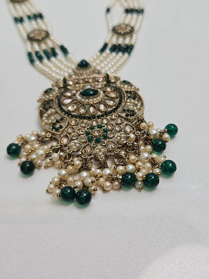 Pearl and Green Stone Long Kundan Necklace Set