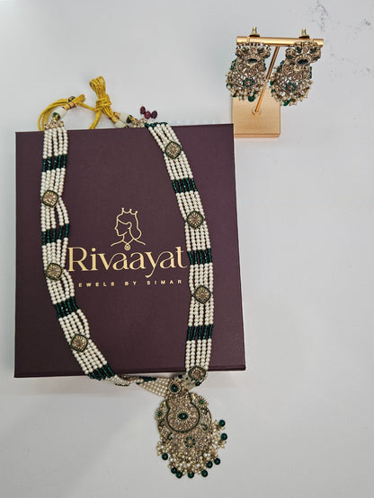 Pearl and Green Stone Long Kundan Necklace Set