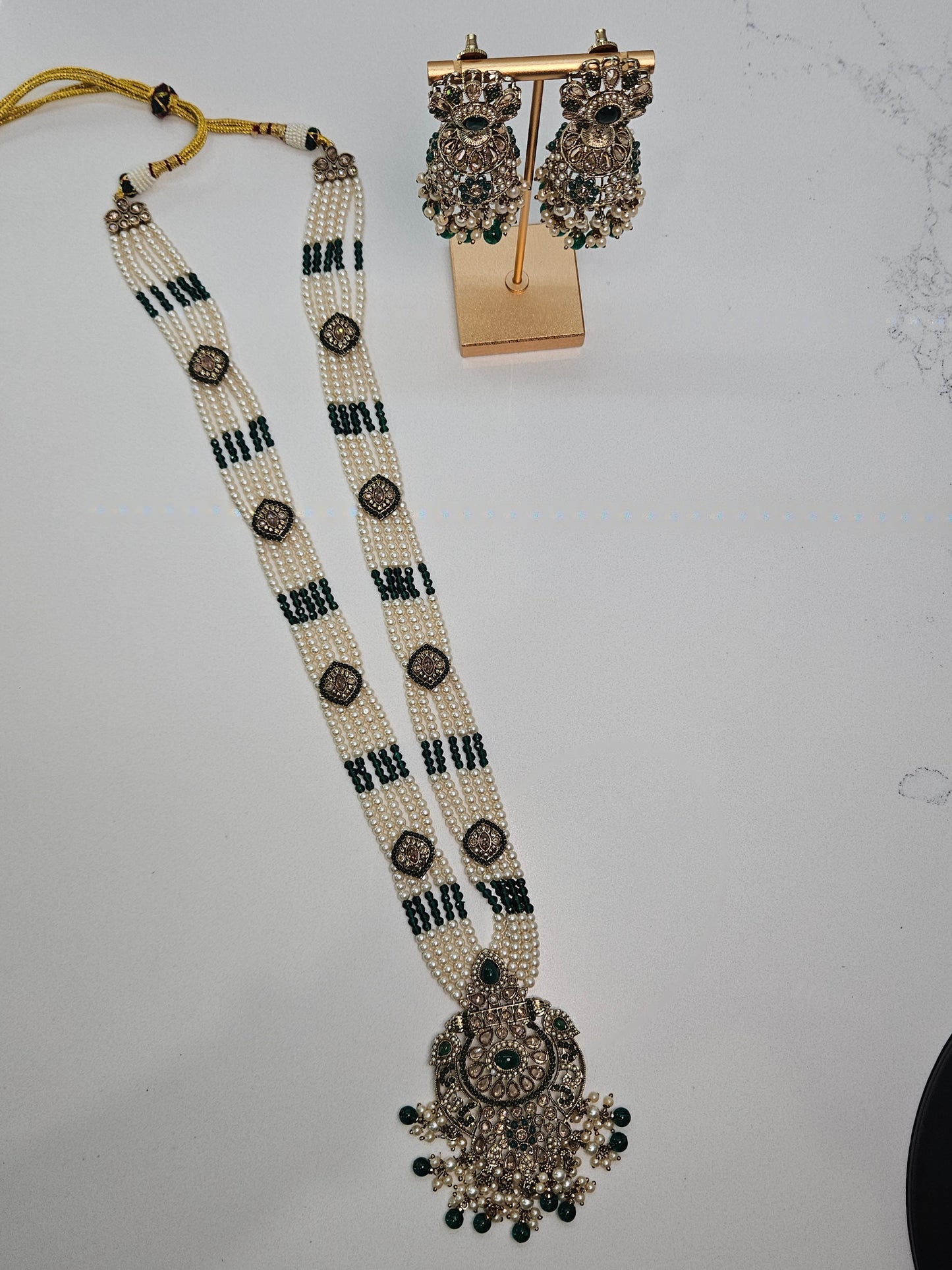 Pearl and Green Stone Long Kundan Necklace Set