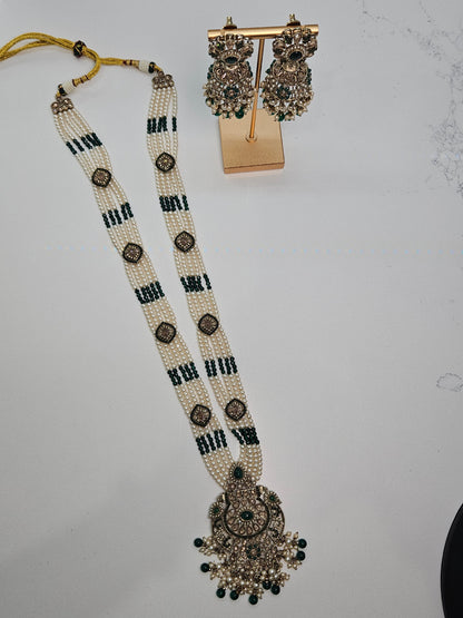 Pearl and Green Stone Long Kundan Necklace Set