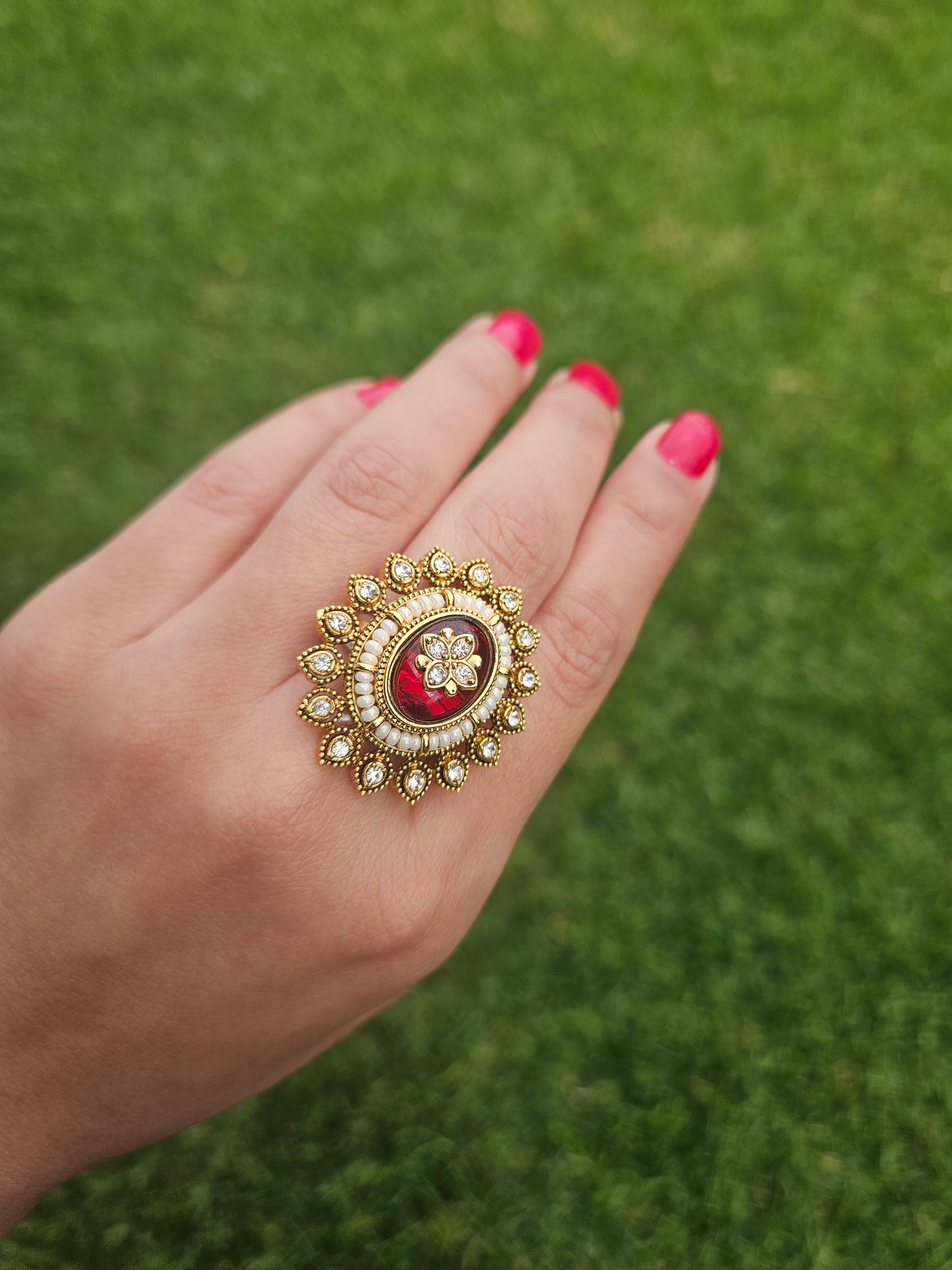 Red Kundan Statement Ring
