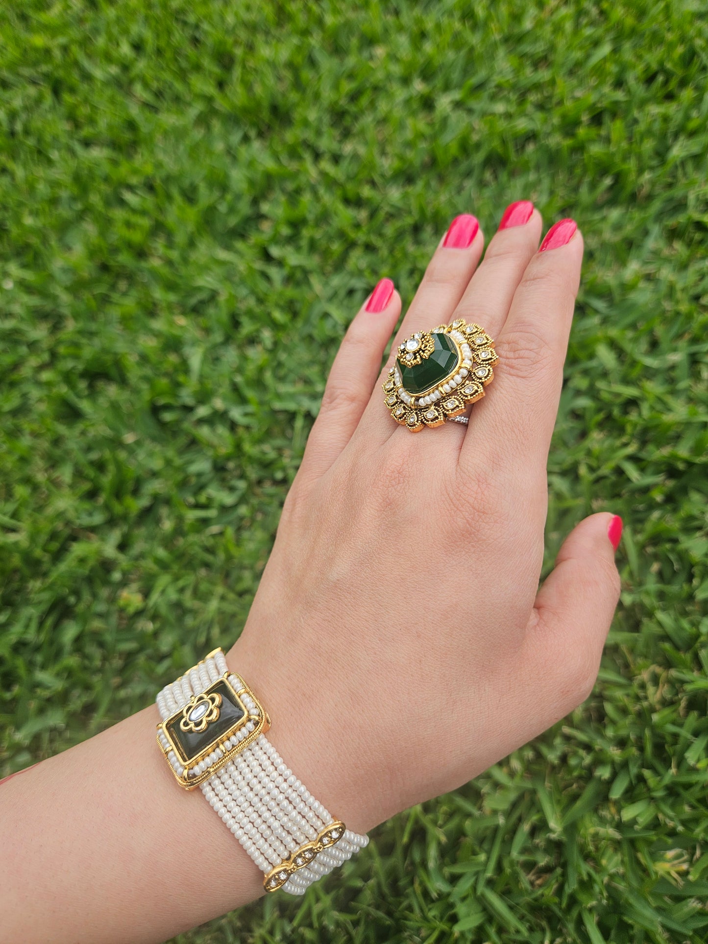 Green Kundan Statement Ring