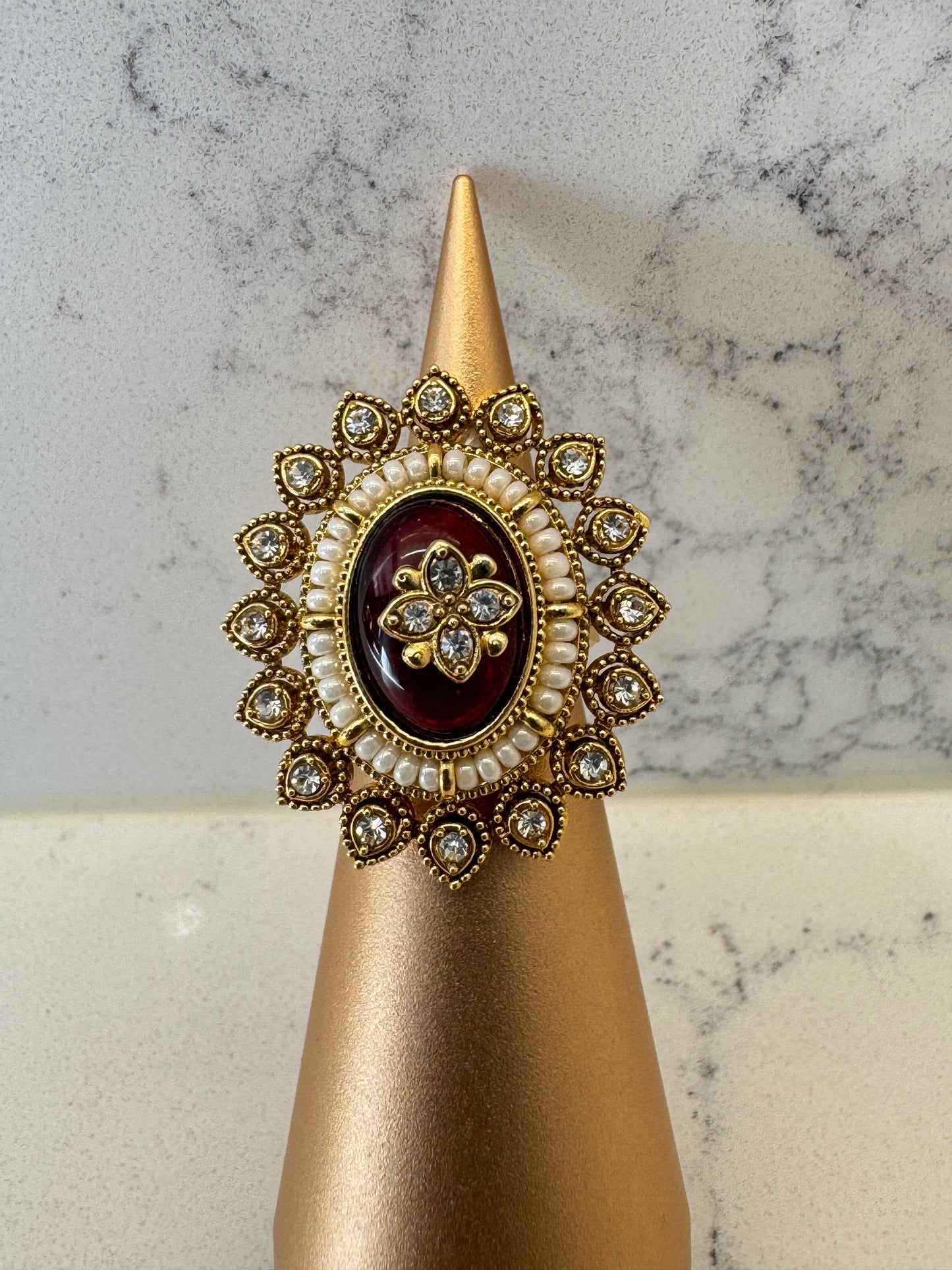 Red Kundan Statement Ring