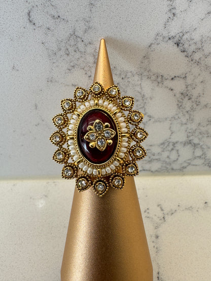 Red Kundan Statement Ring
